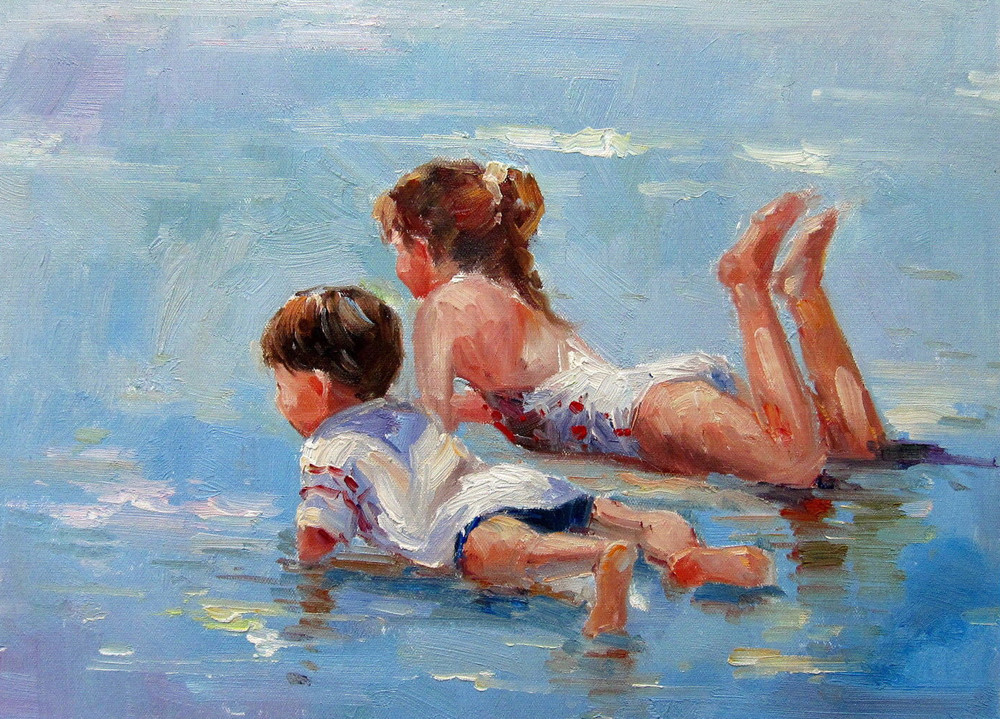 Art oil painting little boy and girl playing beach hand painted on canvas