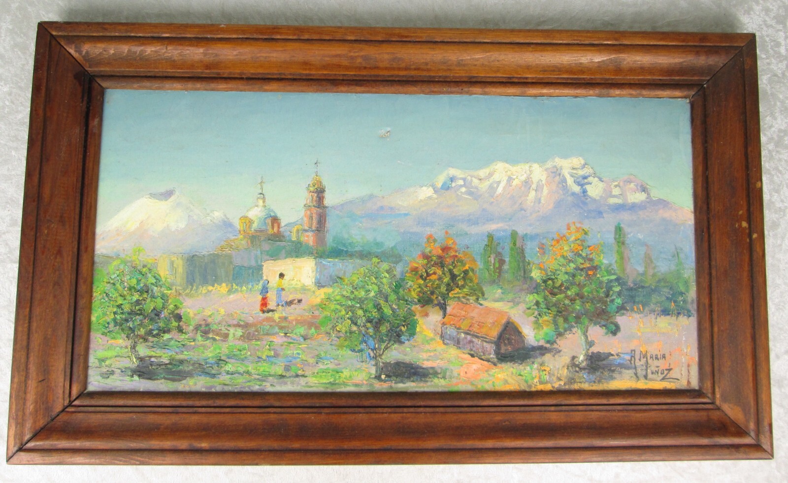 Ana Maria Munoz Oil on Canvas Painting Church Central Mexico Volcano 23×14 inch