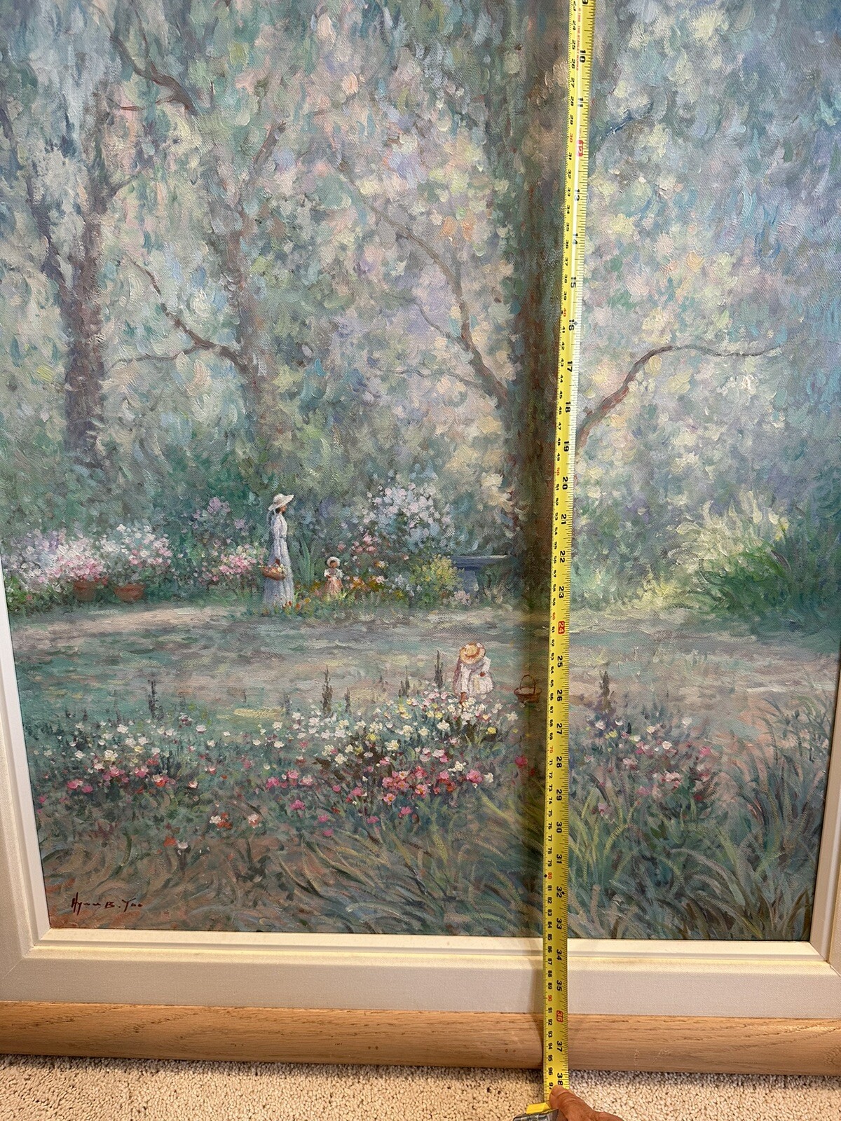 Hyun Bo Yoo «Mother & Child in Flower Garden» Framed Vtg Oil Painting Signed 38″