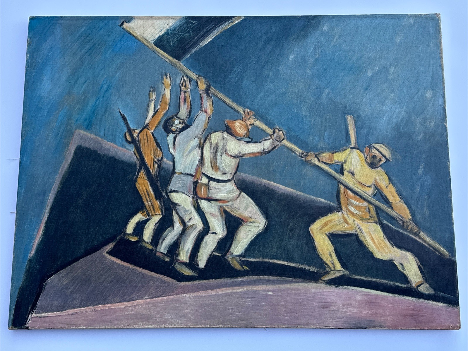 ANTIQUE JEWISH WAR PAINTING MOISES RUBINSTEIN MEXICAN MUSEUM WPA SOLDIERS FLAG