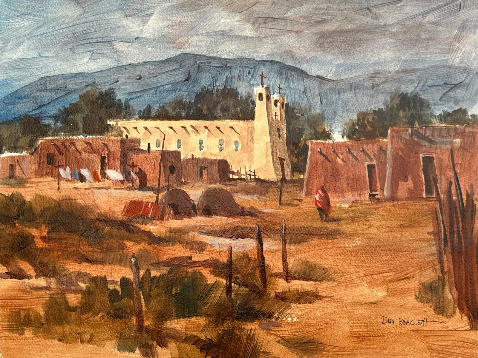 DON BRACKETT PAINTING NEW MEXICO INDIAN HOMES LANDSCAPE LISTED FAMOUS VINTAGE