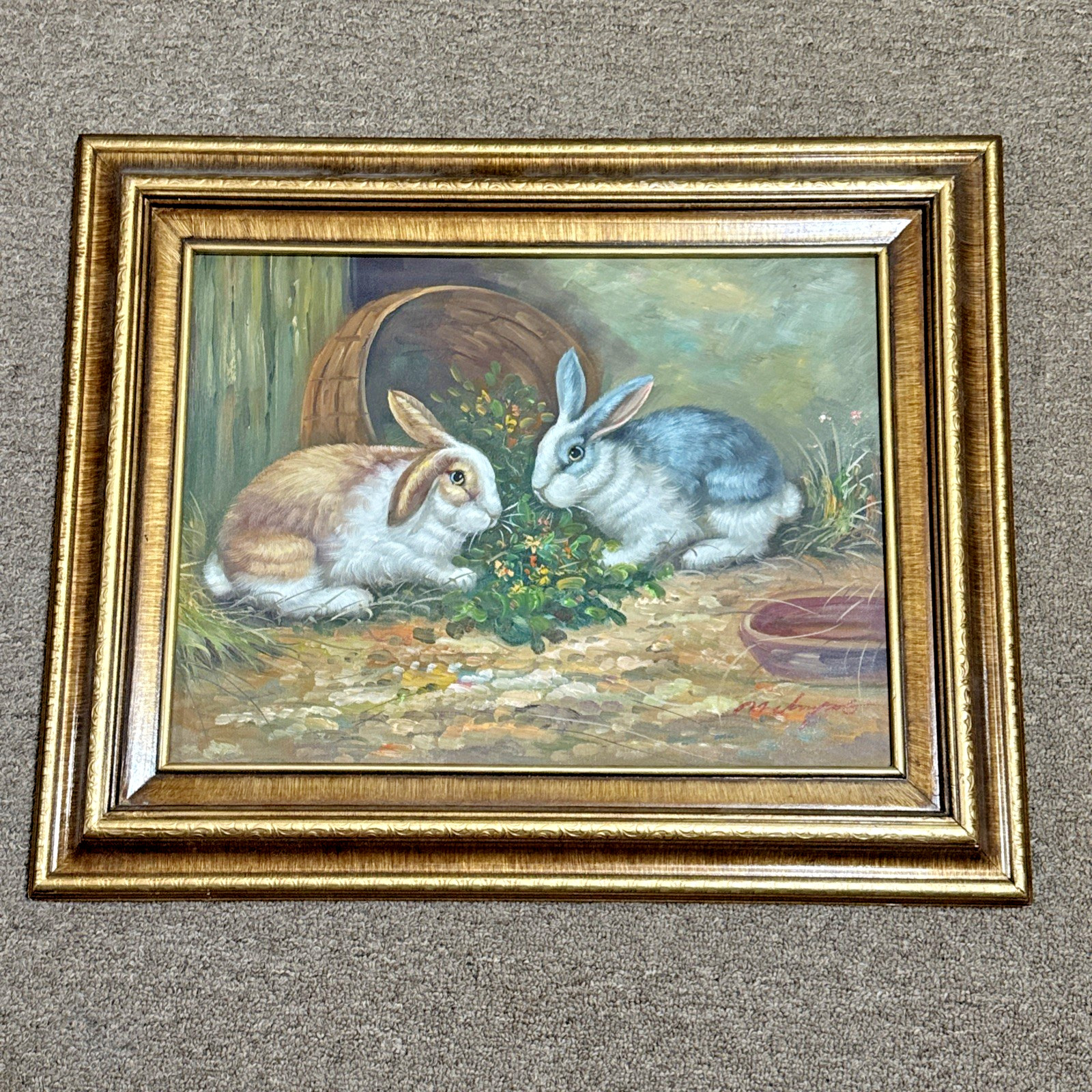 12×15 In Bunny Rabbit Oil Painting On Canvas Signed Framed 21 X 17 In