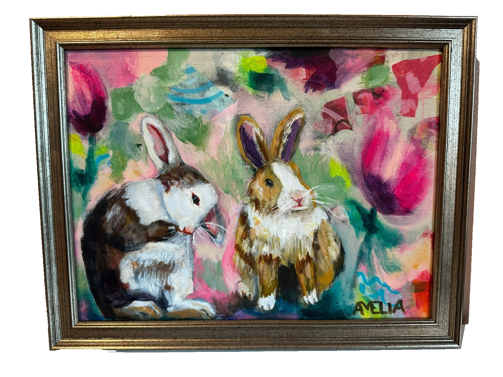 Bunny Rabbit Original Art Painting OOAK «Year of the Bun» Framed Wall Art 9×12