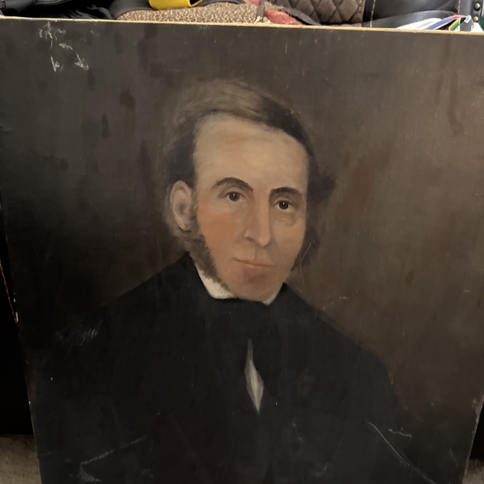 American School 19th Century Antique Oil Portrait Man In Suit Folk Art