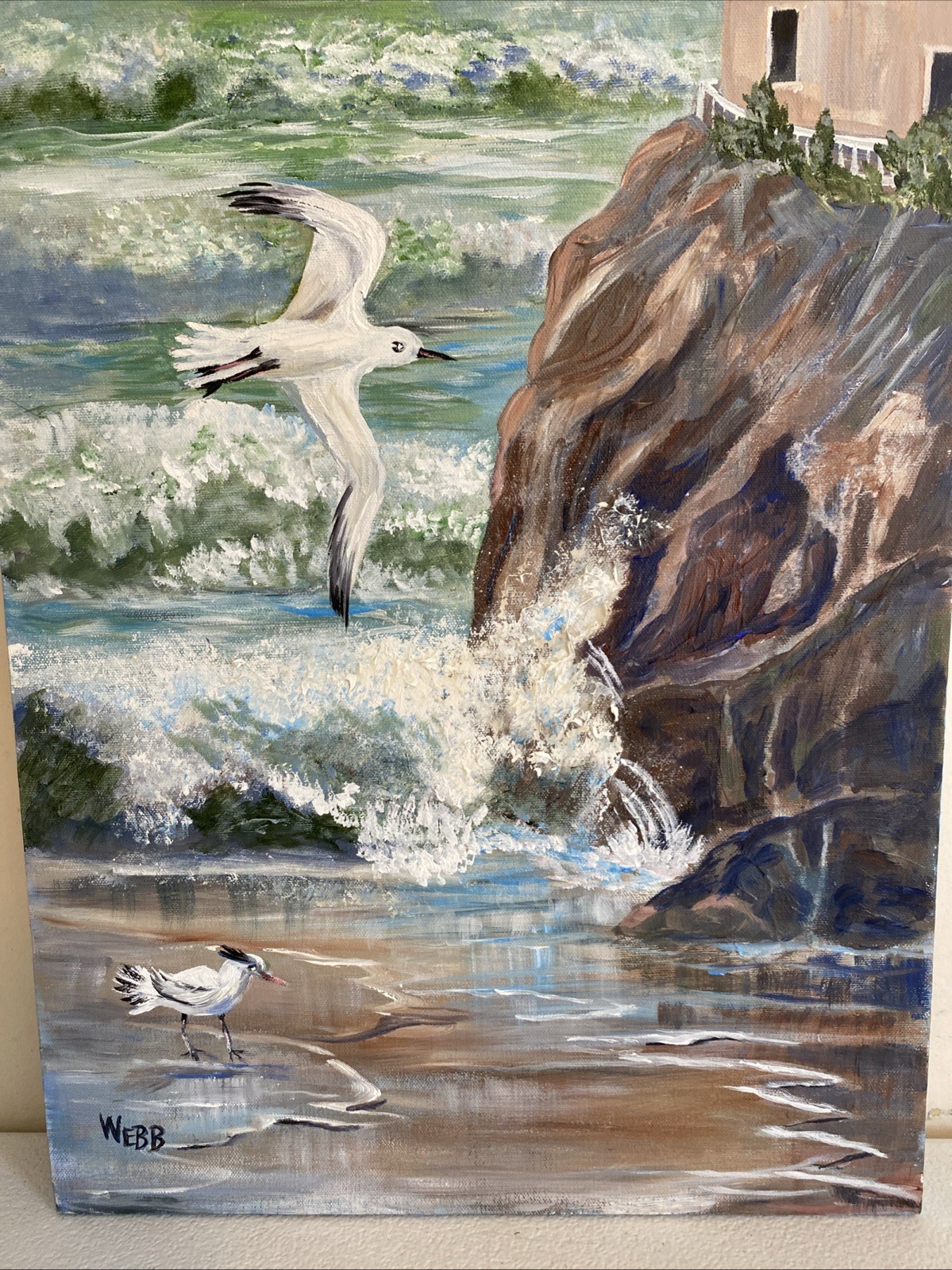 Seascape Lighthouse Acrylic Painting Signed WEBB Waves Crashing Rock Seagulls