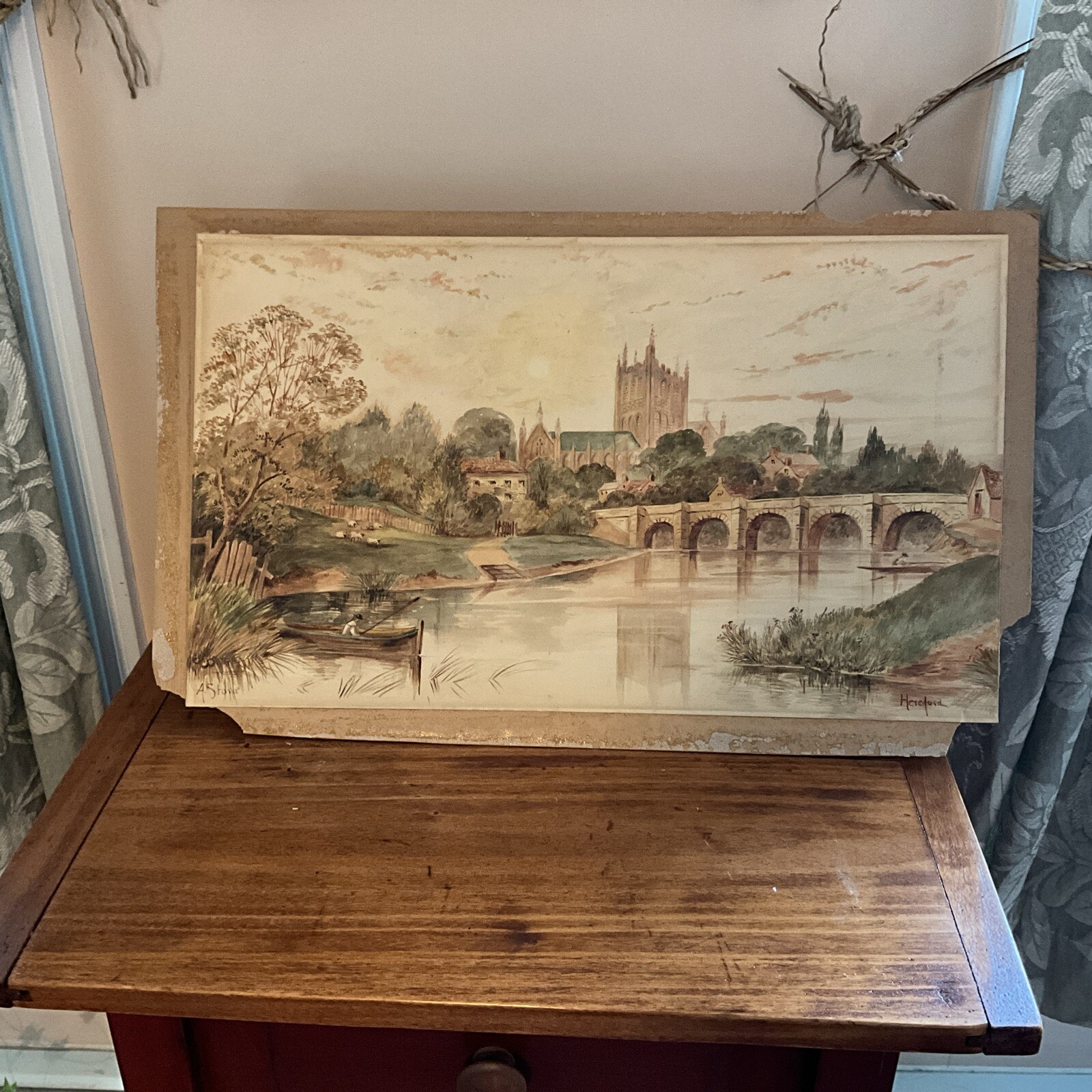 Hereford Cathedral and Wye Bridge watercolor Andrew Storie c. 1890 – 1910