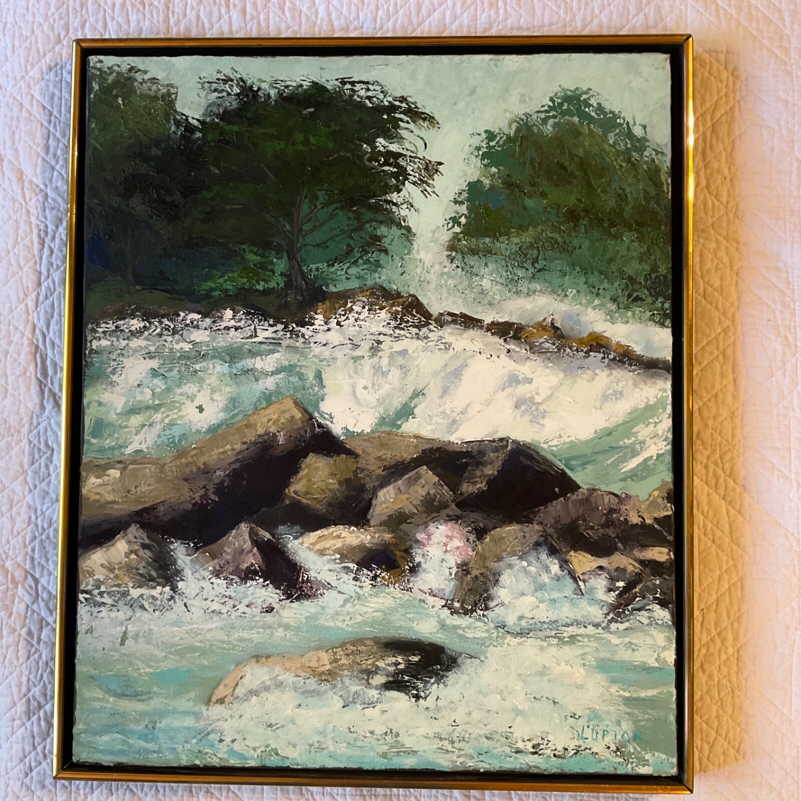 VINTAGE 70s abstract original hand painted oil PAINTING by Upton ocean teal blue