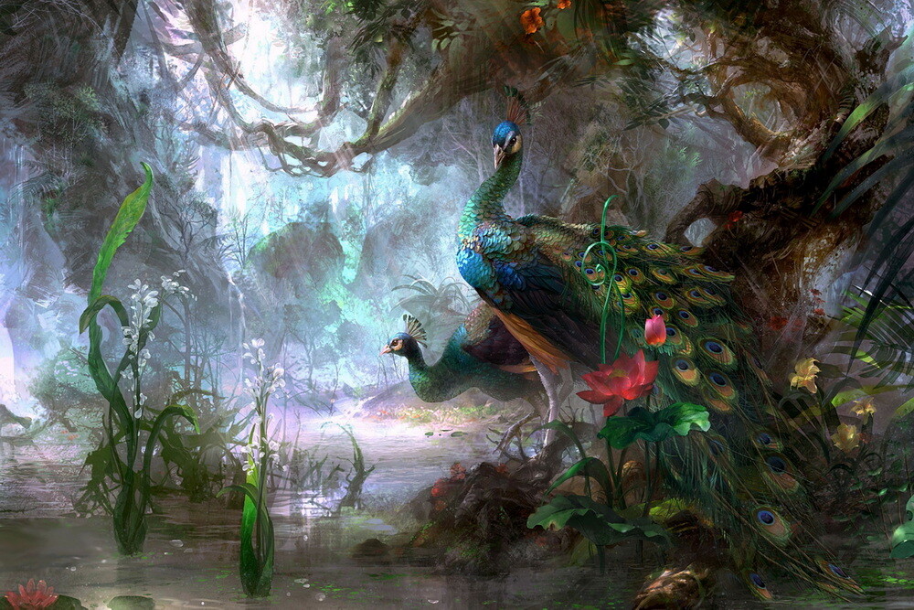 Green Peacock Oil painting Wall art Giclee Printed on Canvas P006