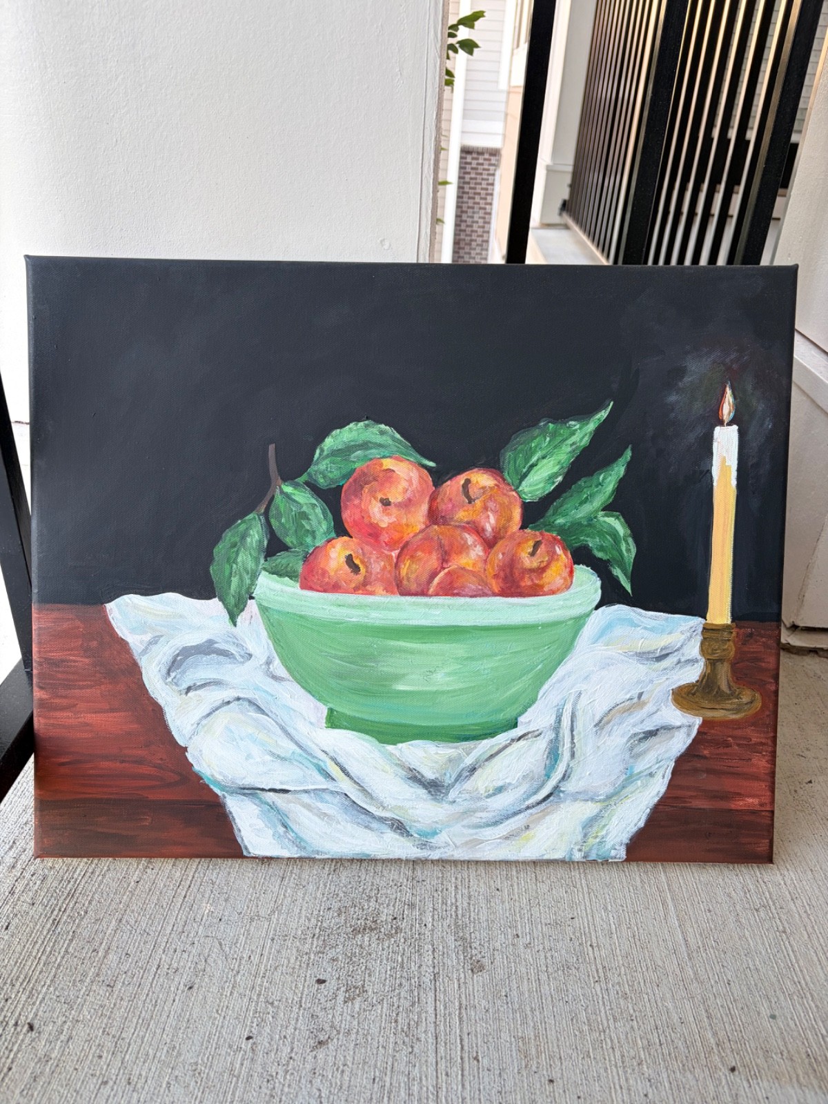 Original hand-painted still life featuring a green bowl filled with red apples a