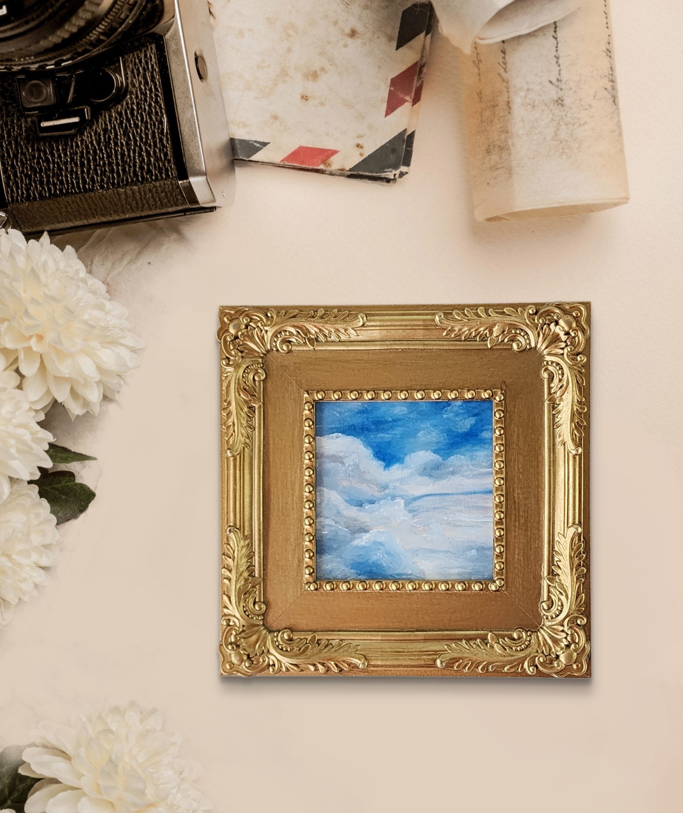 Mini Cloud Study – Oil on Wood Panel (Framed 8×8”)