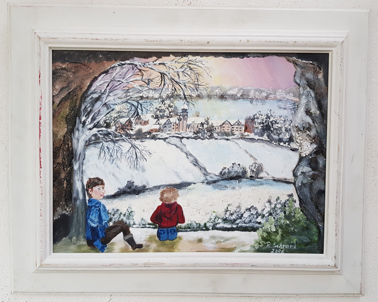 No.:308 oil painting artwork frame oil painting nature winter snow city children
