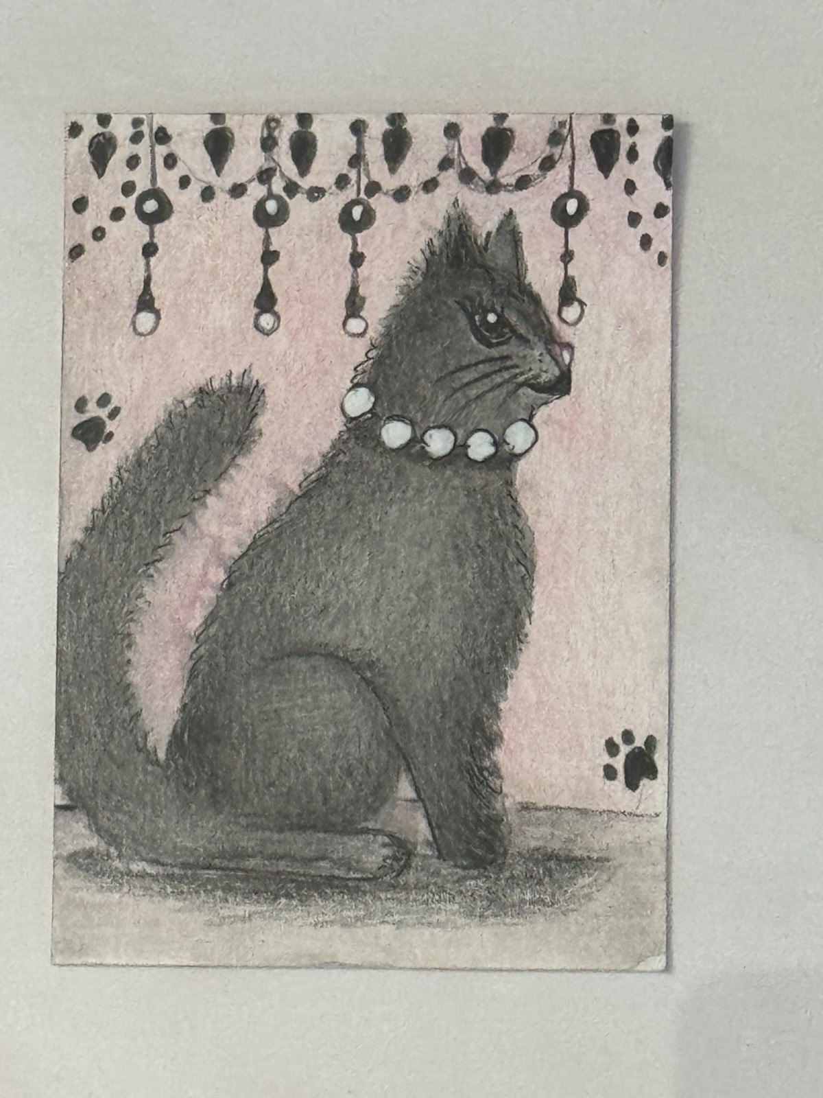 Aceo Original Art Trading Card, Pink Pastel Theme With Cat Art By Sommer Rayn