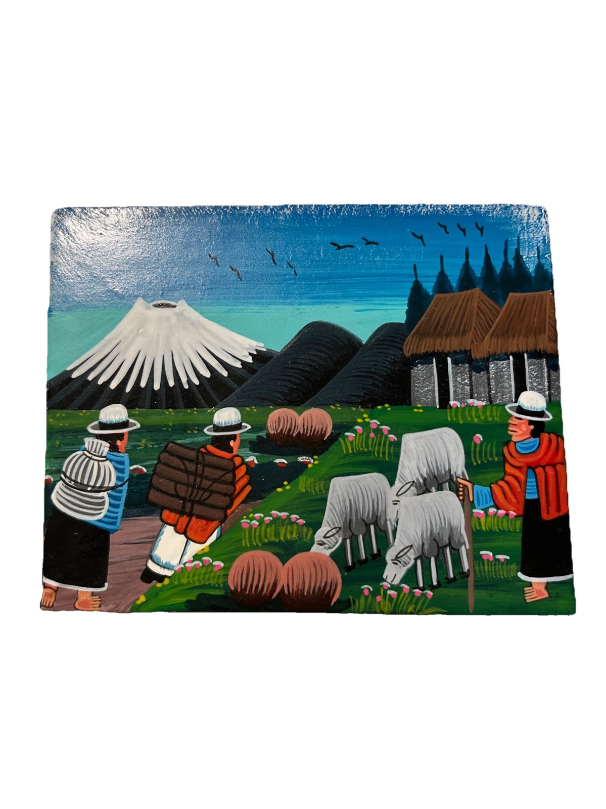 Peruvian FOLK ART PAINTING VILLAGE Volcano Tajumulco On Stretched Sheepskin
