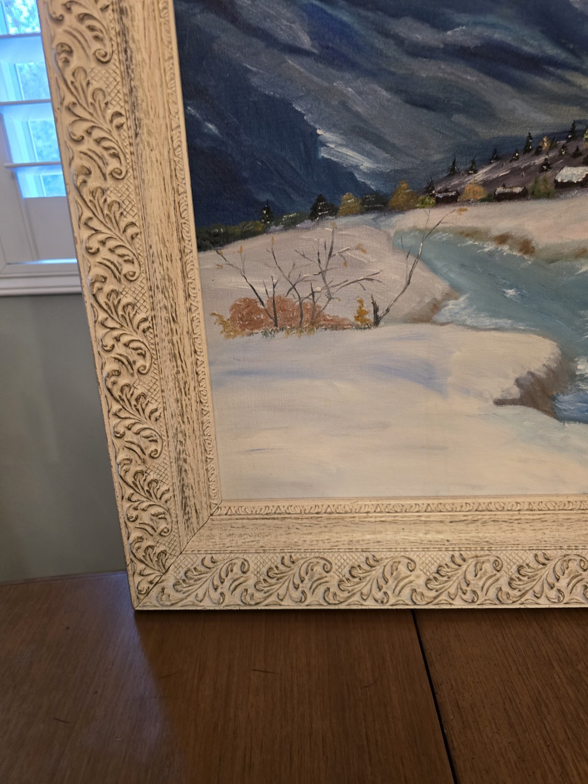 American 20th Cent. Winter Mountain Town Landscape Oil Painting by Ann Landreth