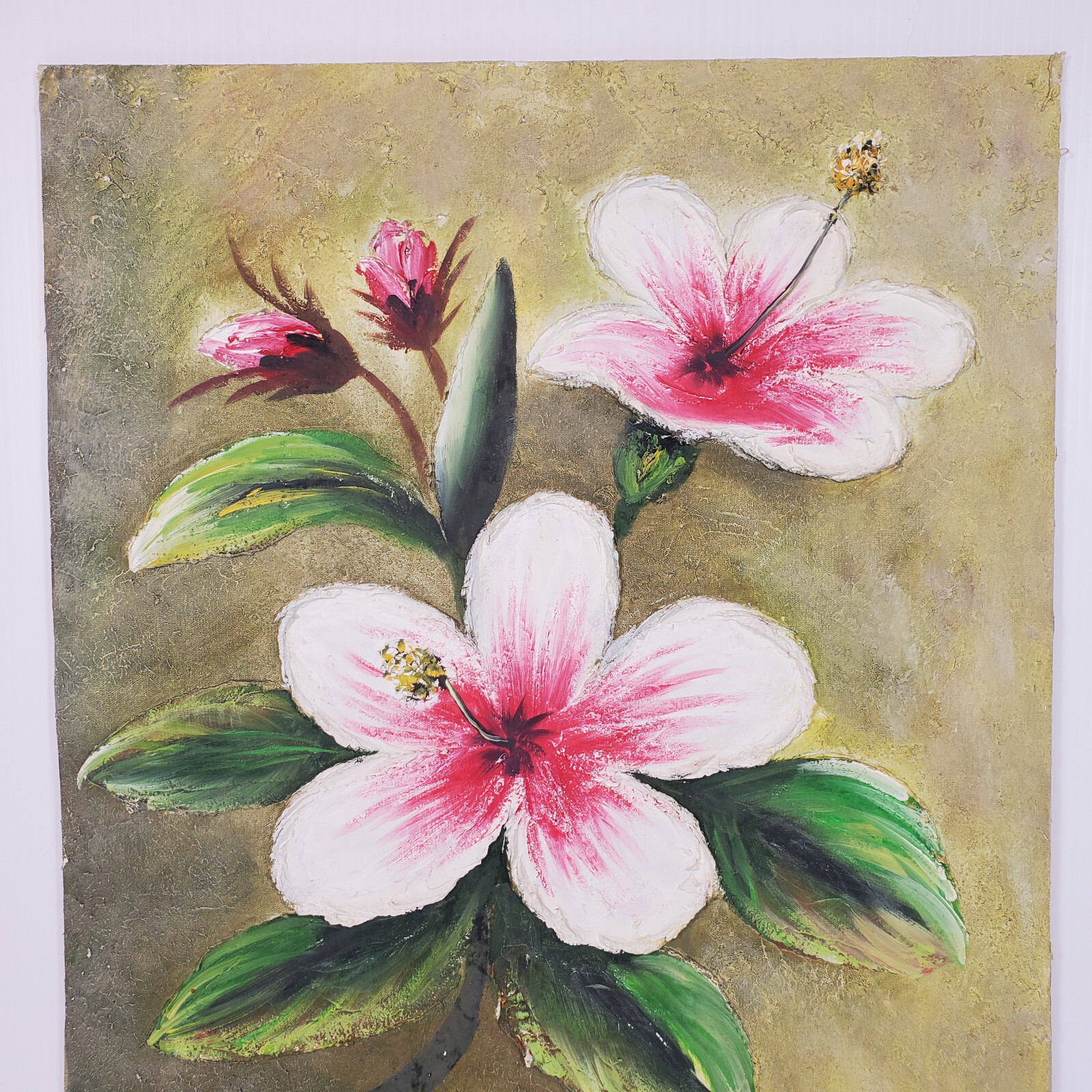 Tropical Flower Thick Spatula Impasto 24×20 Vtg Canvas Painting Masonite Board