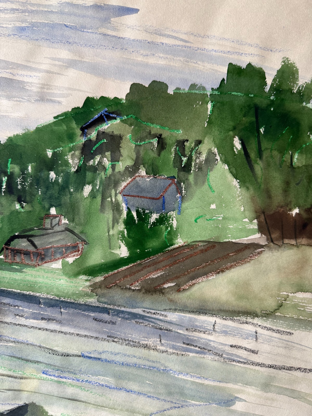 Vintage 1950’s Watercolor Painting Green Lush Landscape Barn Field OOAK 18 x 24