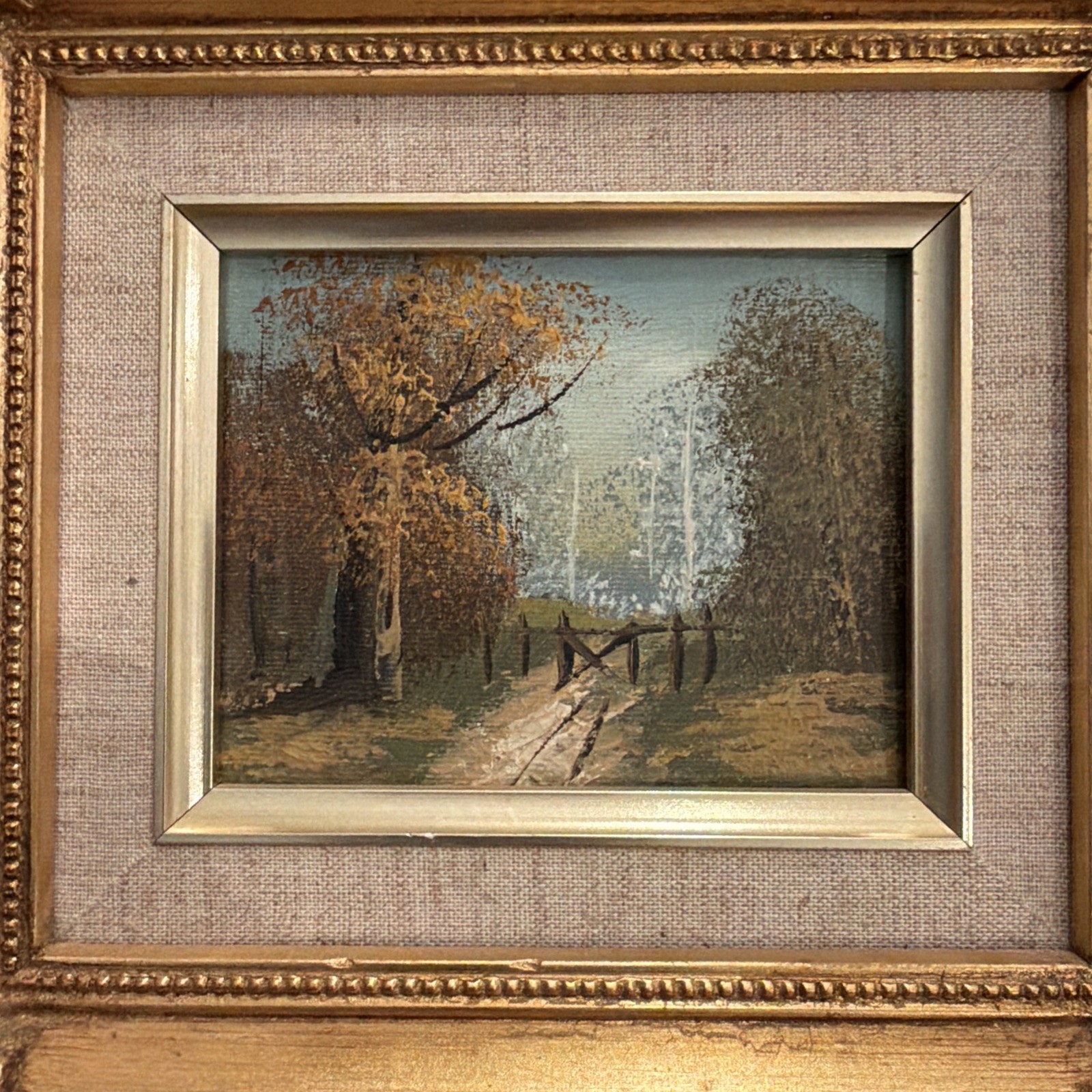 Miniature Fall Hand painted oil Landscape Gold gilded wood frame Linen Mat