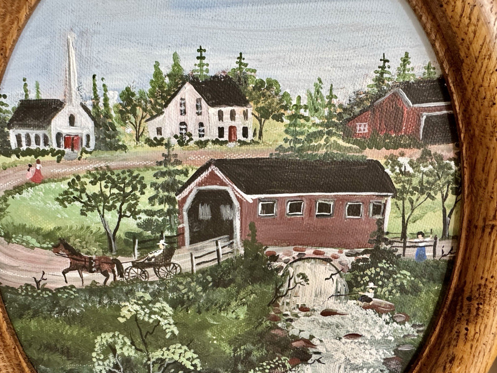 Vtg. Set Of 2 Oval Original Oil Paintings Barn Farm Life Scene Signed By Artist