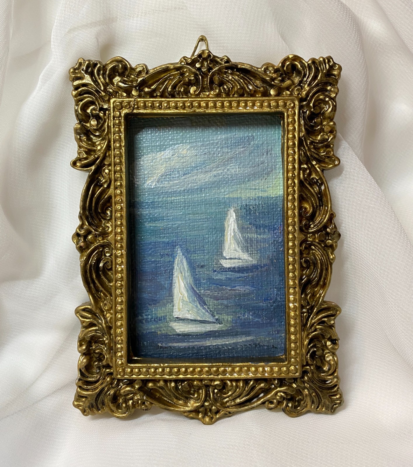 Sailboats Art Ornate Framed | Seascape Original Oil Painting Miniature Ocean