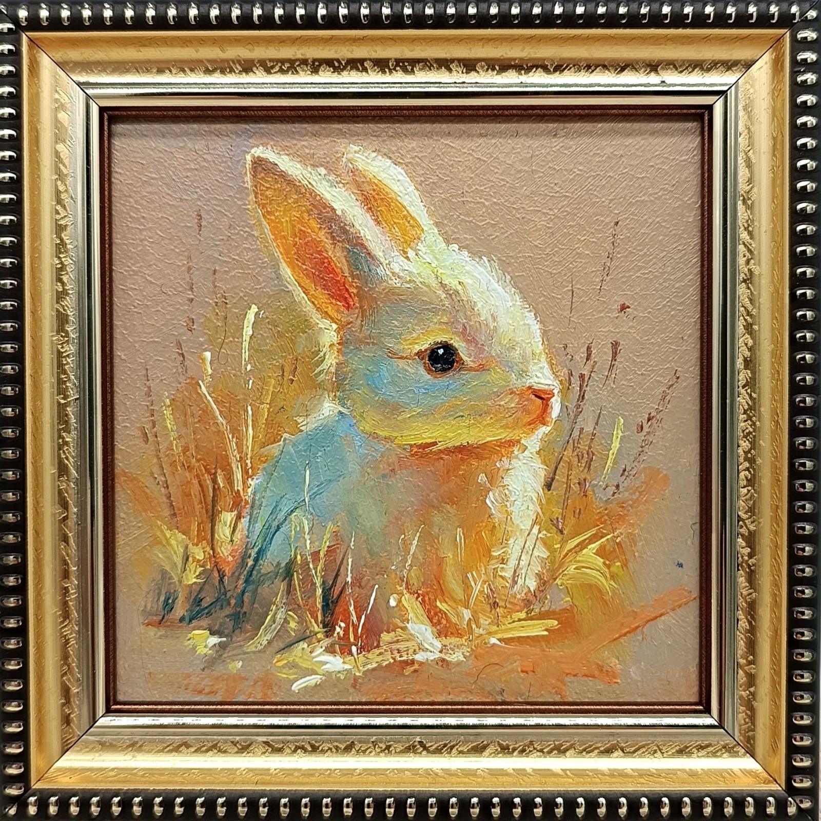 Original Oil Painting Rabbit Signed Animal Art 4×4 Framed Gift