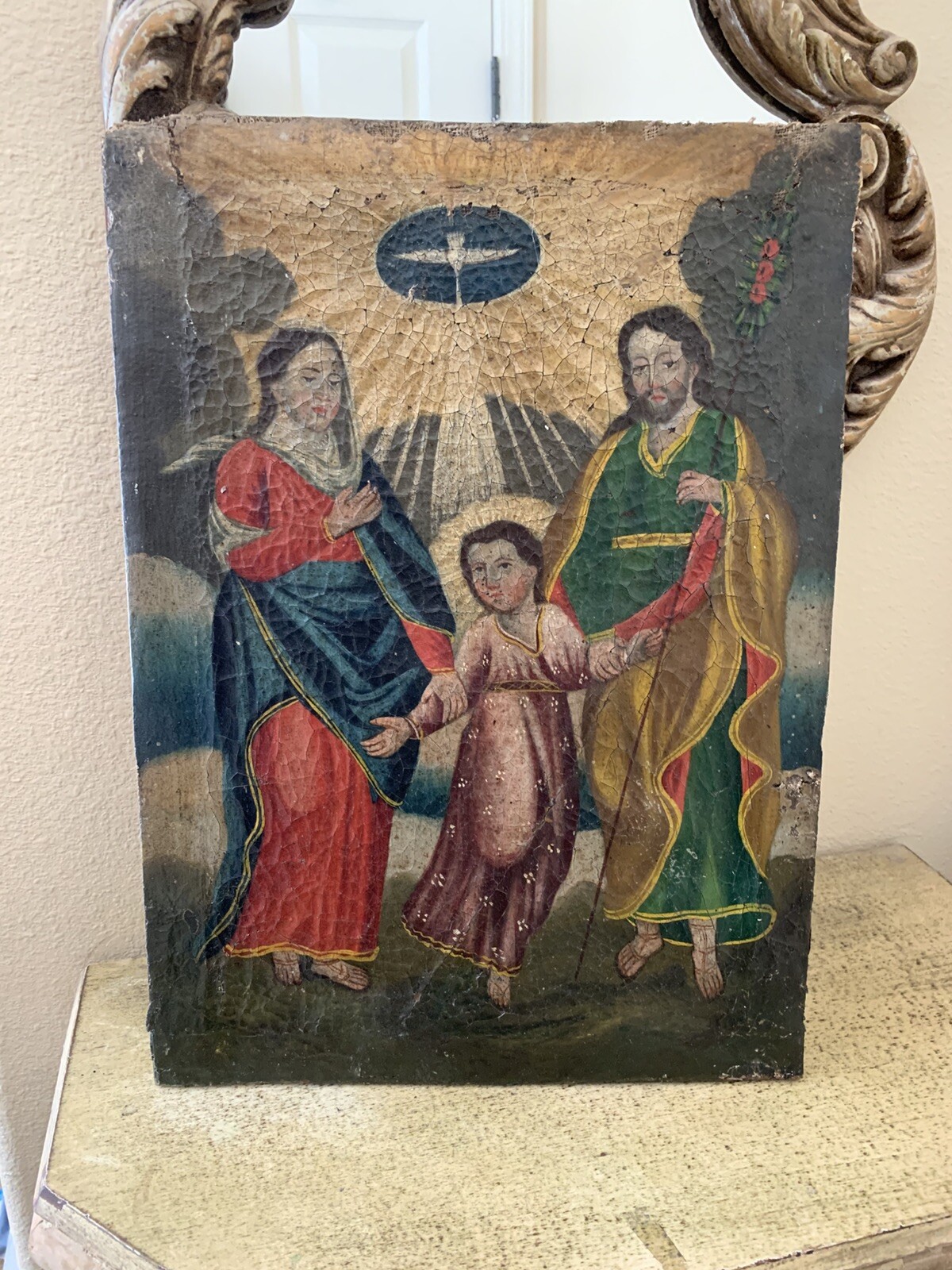 Early 1800s Antique Religious Oil Painting of Christ & The Holy Family