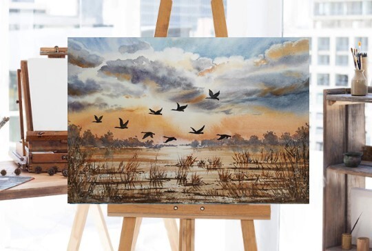 DUCKS FLY CLOUDY SKY Original Art Painting Landscape GEESE FLY Bob Ross Style A4