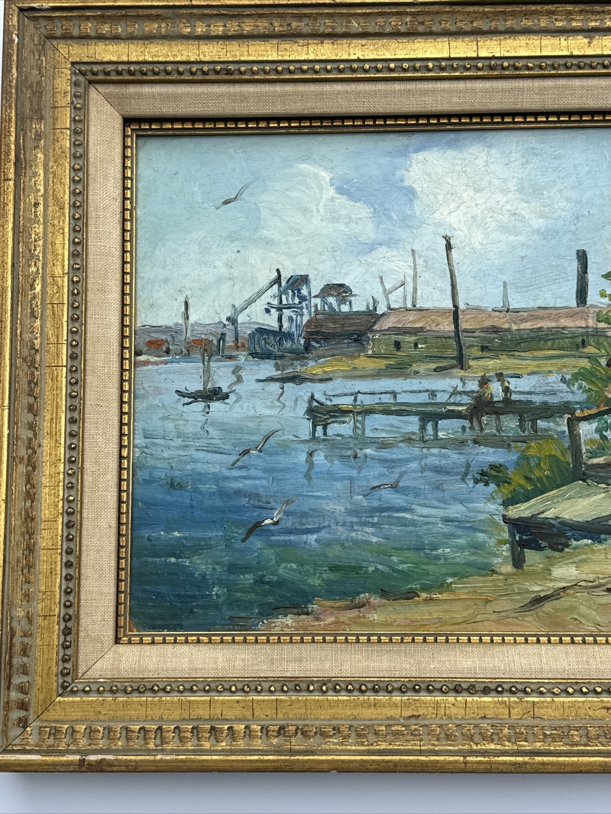 ANTIQUE PAINTING IMPRESSIONISM REGIONALISM MARINA NAUTICAL PORT BOAT DOCK OLD