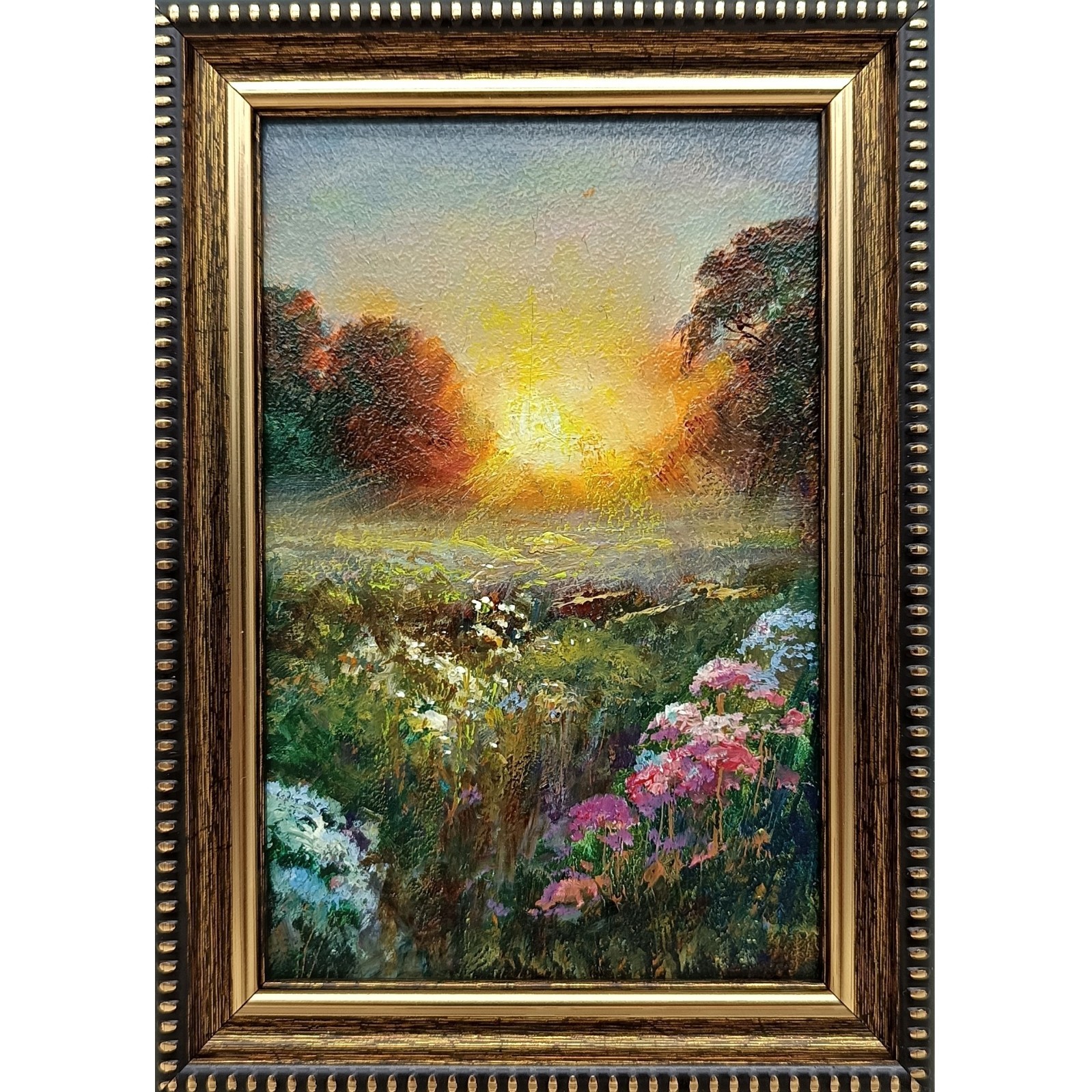 Sunrise Meadow Original Oil Painting 6×4 Framed Signed Floral Landscape Art