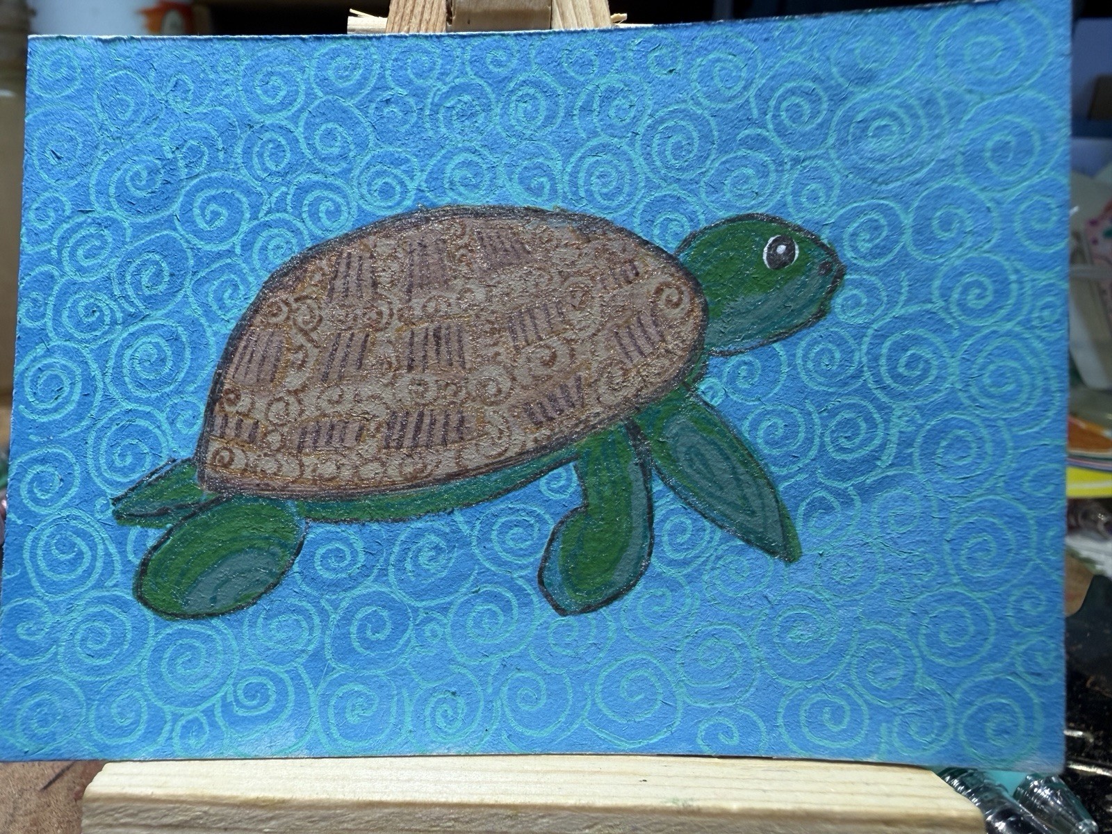 ACEO Original, Signed, Whimsical Sea Turtle Swimming. Artist; one anxious Lady