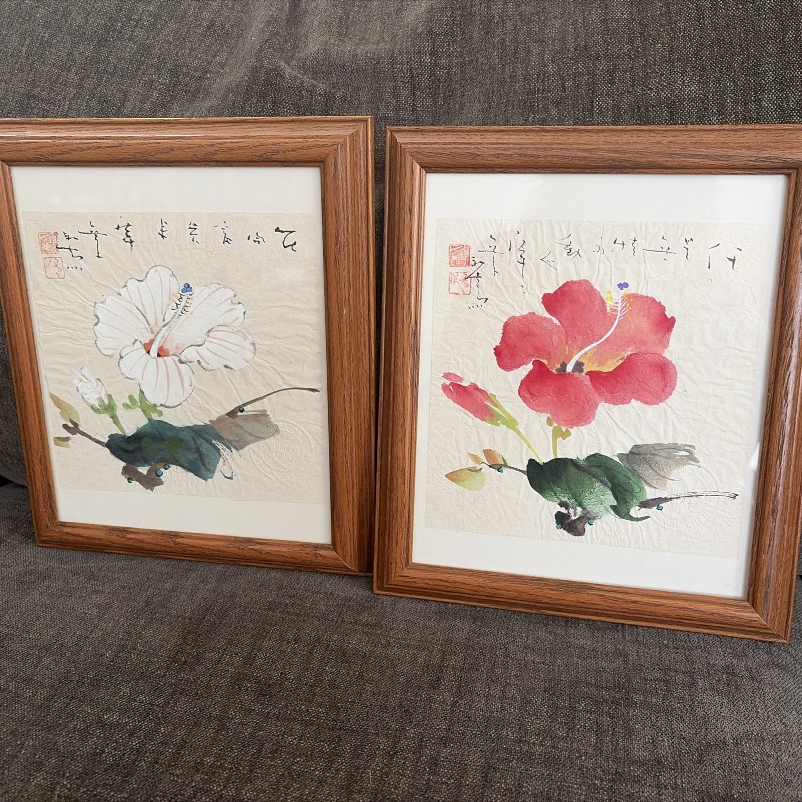 2 Signed Original Chinese Traditional Watercolors Hibiscus John H Chen Stamped