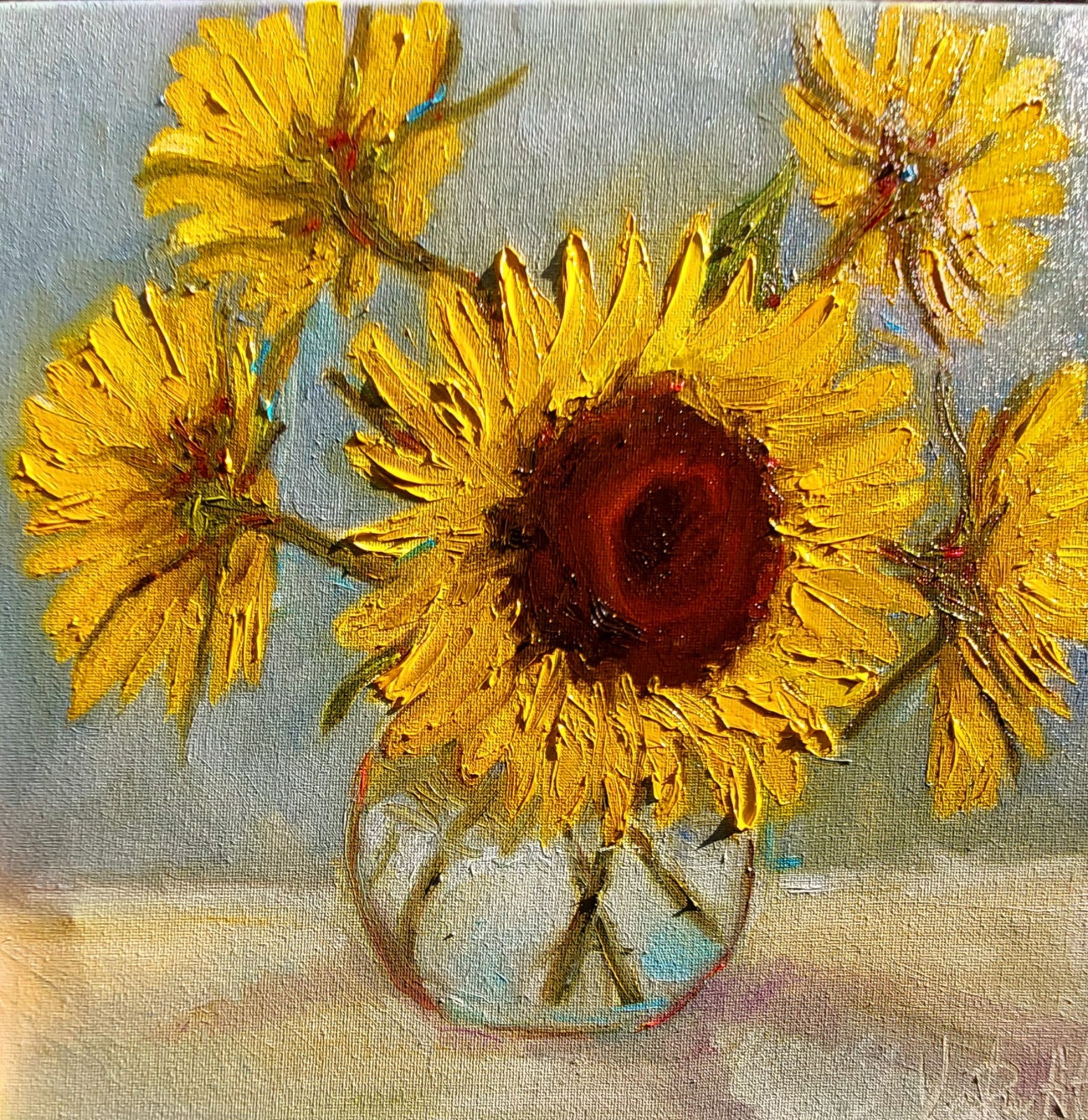 Oil original painting on canvas size 12×12 inches Sunflowers