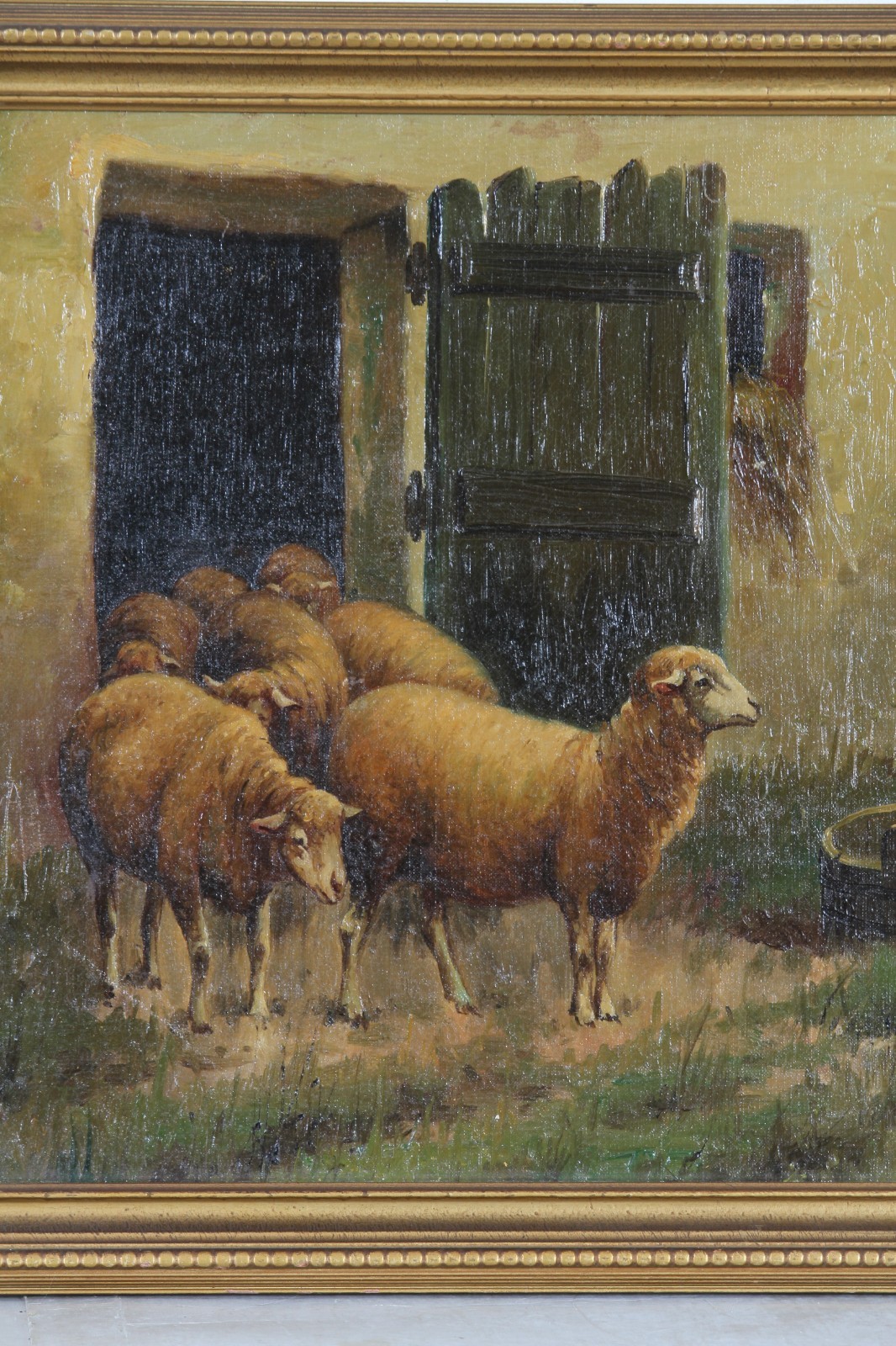 Untitled (Sheep Leaving Barn) Signed Oil Painting by Vitollo 17 1/2″x21 1/2″