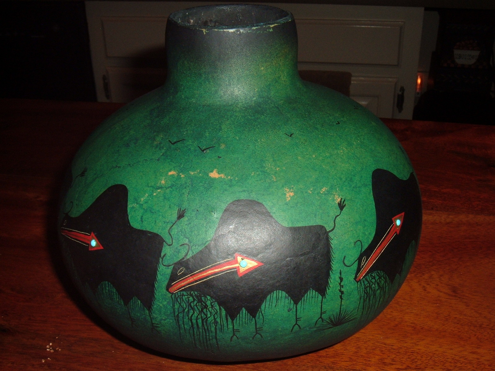 ROBERT RIVERA SIGNED GOURD «BUFFALOS» HAND PAINTED TURQUOISE GREEN STONES