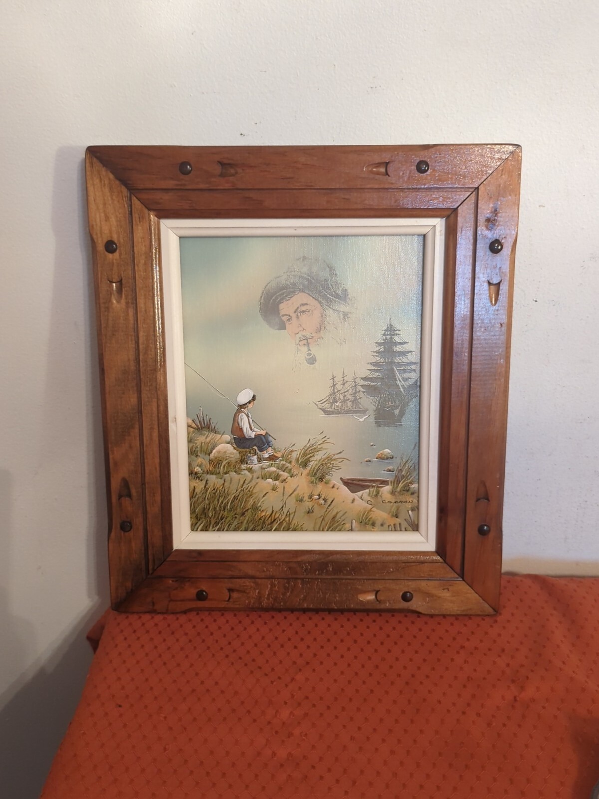 Vintage Fishing, Boats Signed C. Carson Oil Painting Framed 14 7/8″ X 12 7/8″