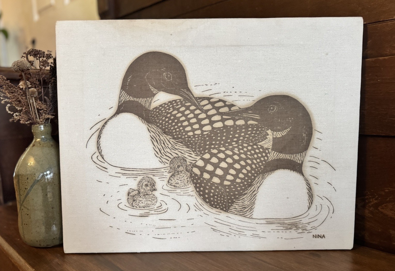Vintage Wood-Burned Art “Loon Family” on Canvas – Signed NINA