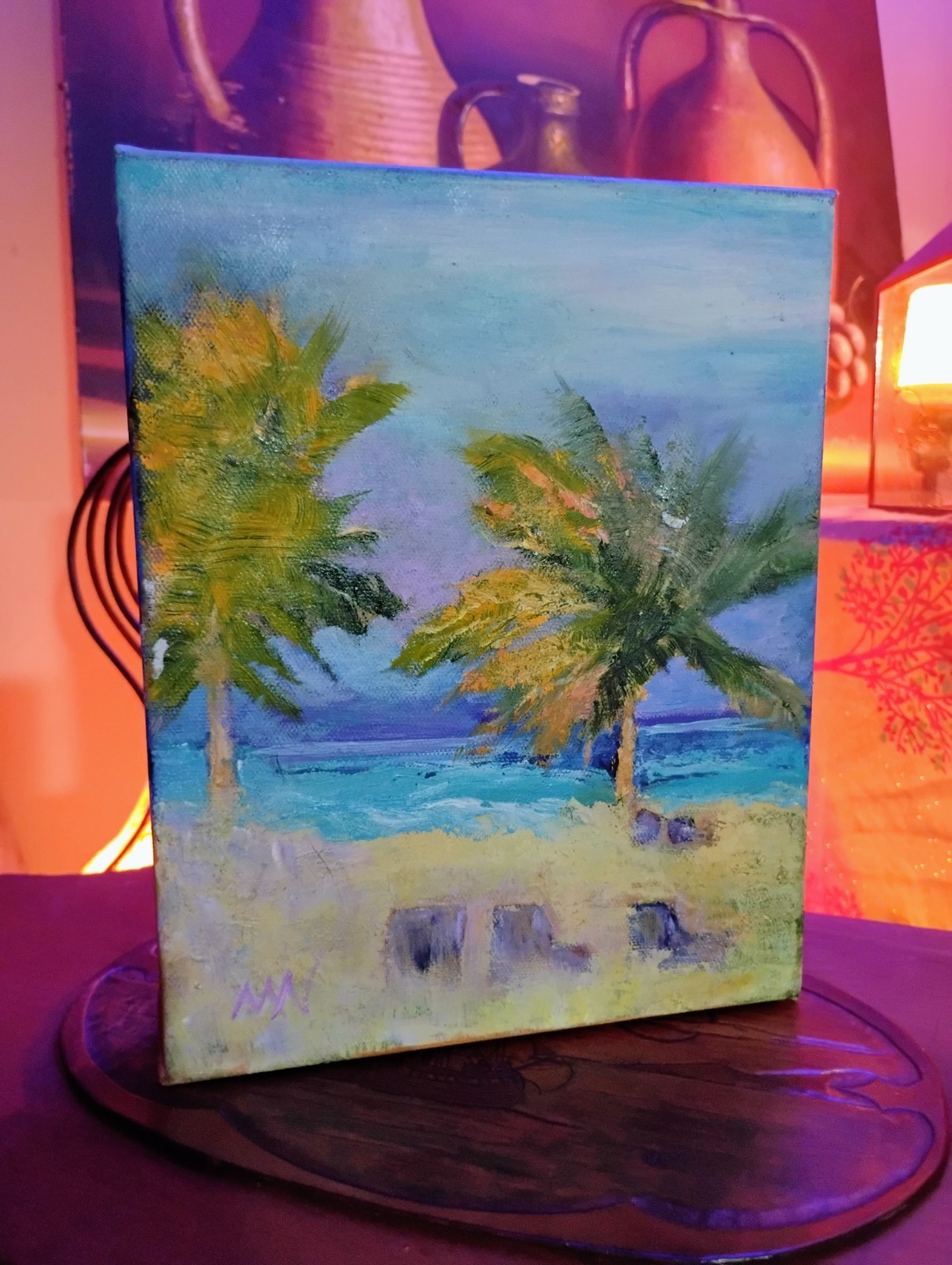 Original Oil Painting Palm Trees Beach Ocean Clouds Canvas Signed 8″ x 10″