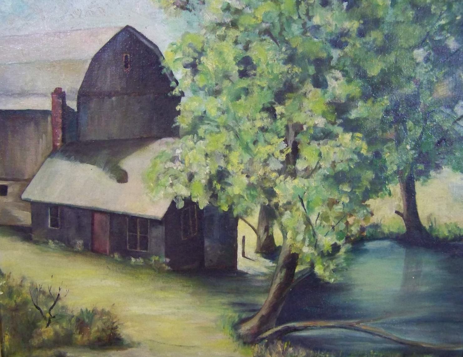 20TH CENTURY PASTORAL BARN RURAL SCENE FRAMED OIL ON CANVAS BOARD PAINTING