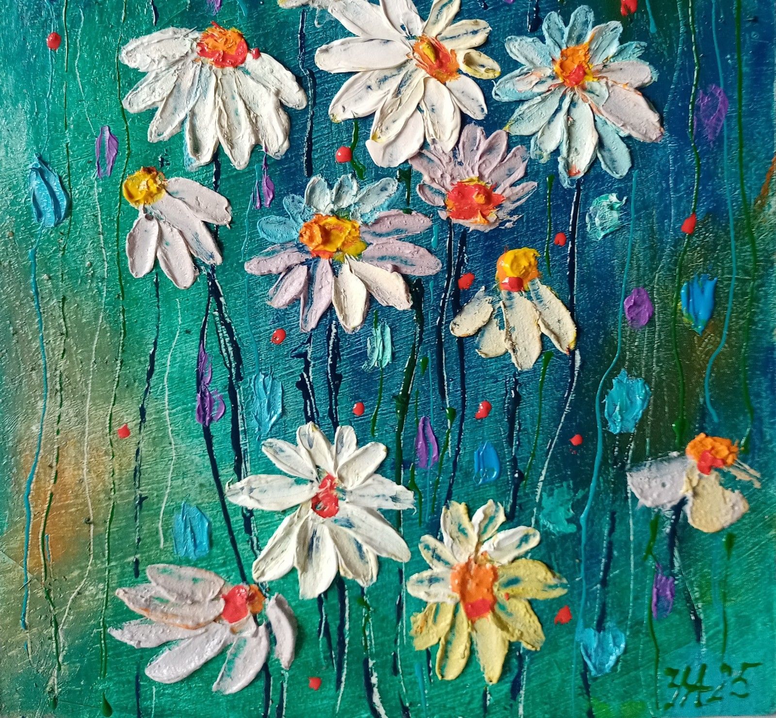 Daisies Impasto Painting Original Art Impression Oil Painting 7.8 x 6 in