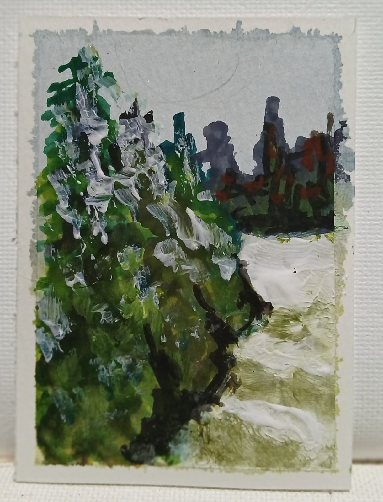 OOAK Fauvist Winter ACEO—Three Conifers Casting Long Shadows on Snowy Field