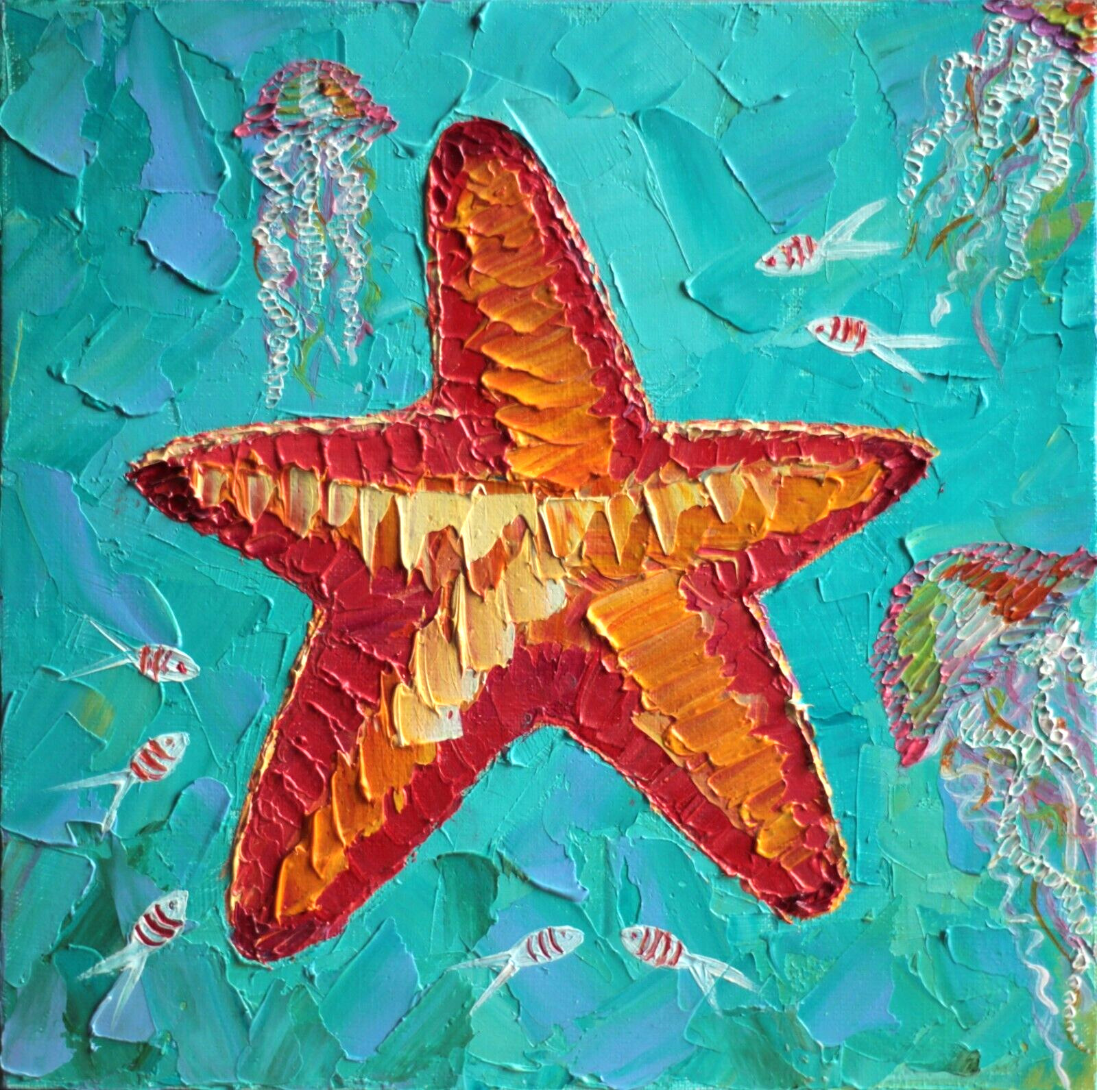 Original Oil Canvas Painting «Bright Starfish» Art by Ukrainian Artist