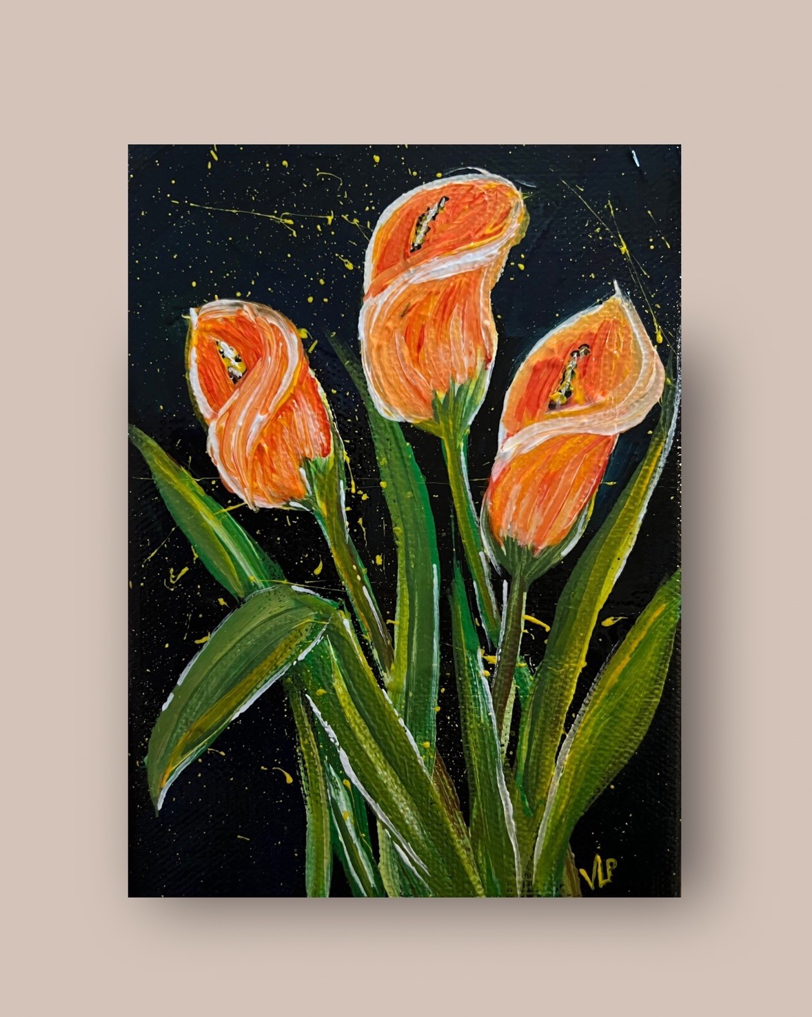Three Flowers Abstract Calla Lilies Acrylic Small 5×7” Canvas VLP Original