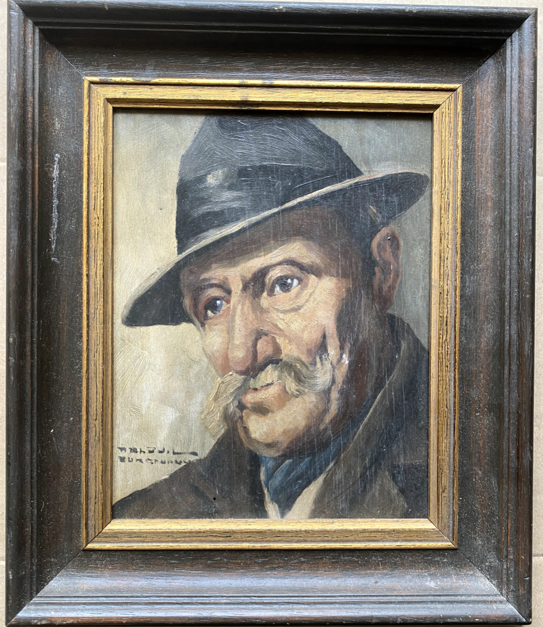 Signed Oil Painting Portrait Of An Old Man With Hat Farmer