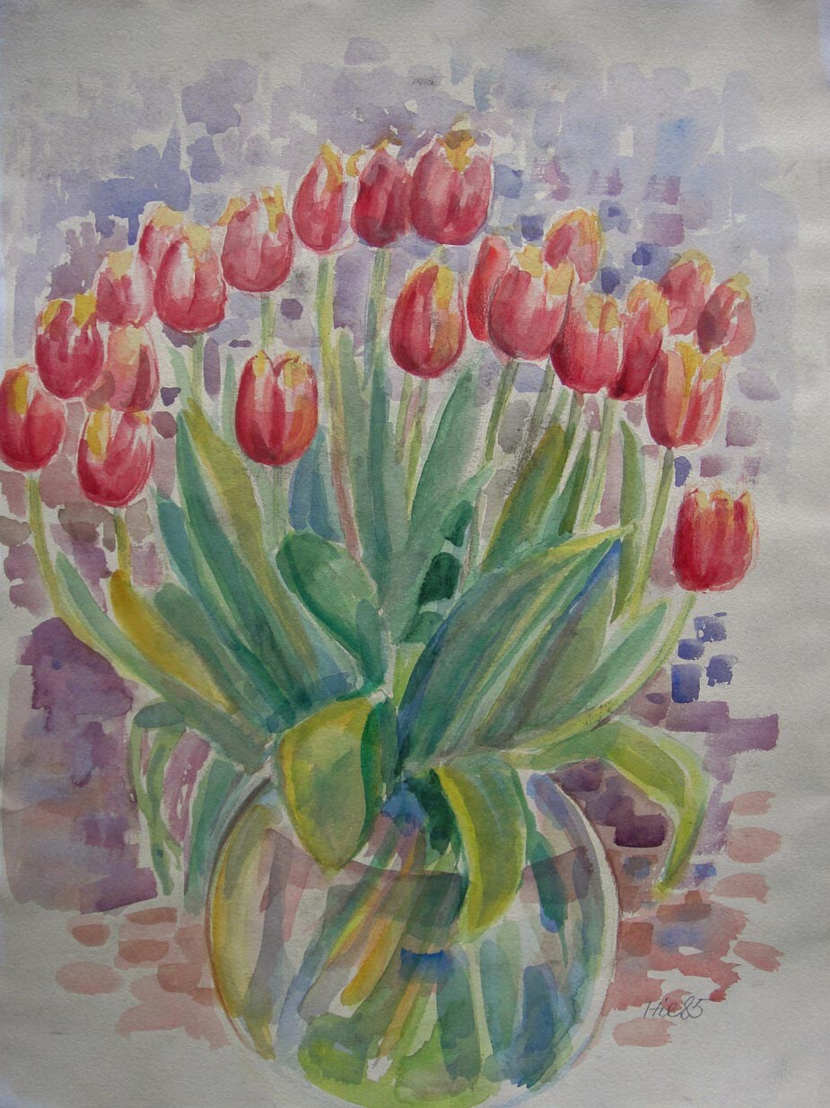 Lutz Hiller, large watercolor. German artist. Tulips in a vase 1985