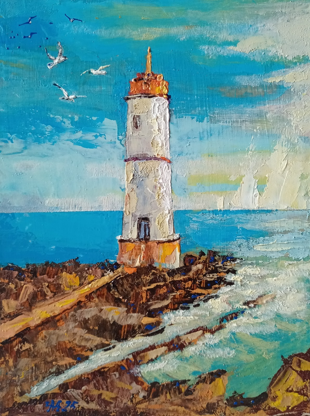 Lighthouse Impasto Painting Original Art Impression Oil Painting 10.6 x 7.8 in