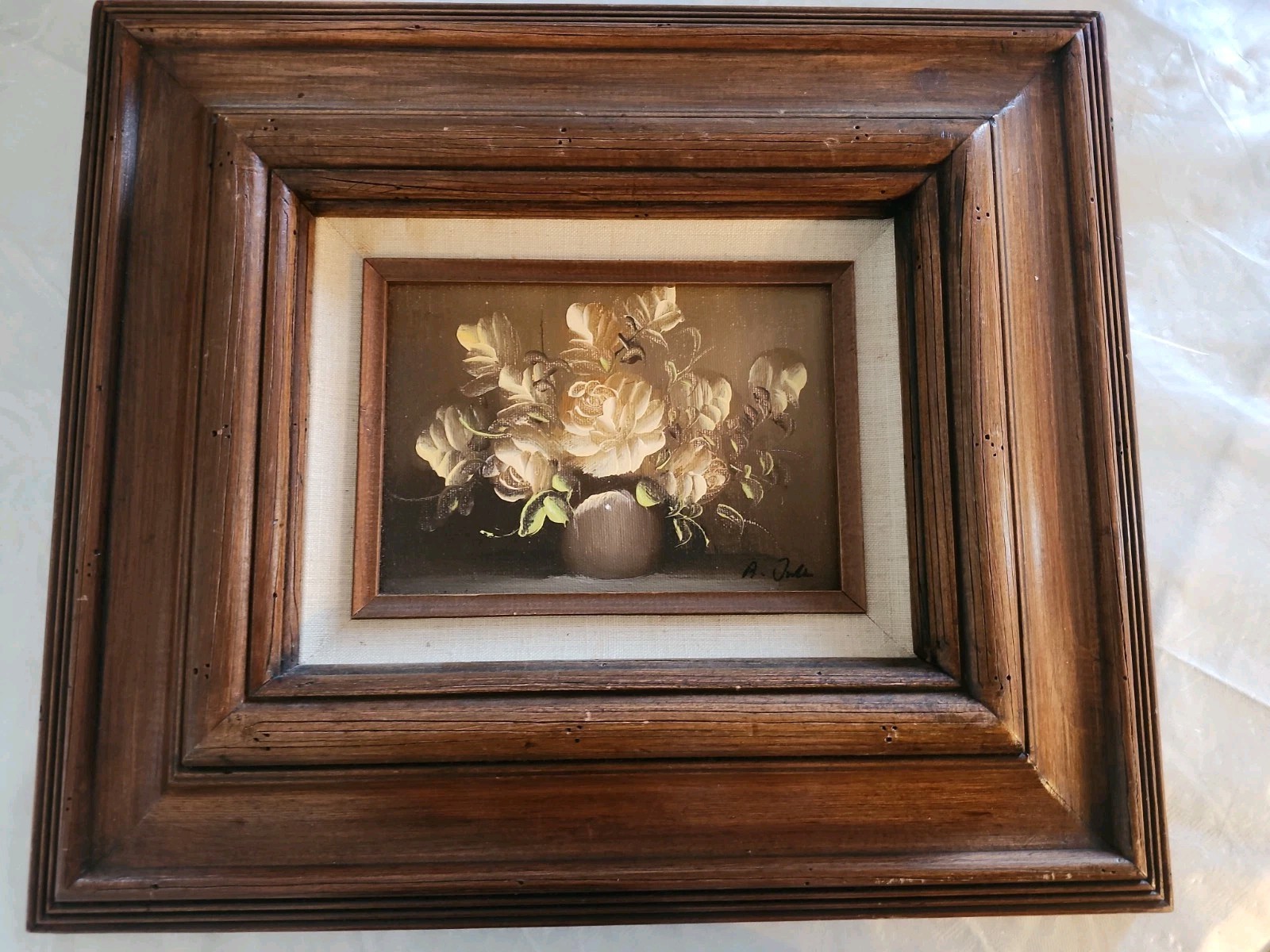 Yellow Roses Painting Bouquet Flowers Solid Wood Framed 15×13” Vintage,signed