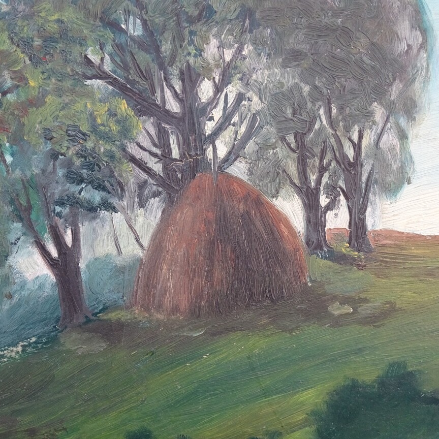 1921 Naive Folk Art Summer Landscape Oil Painting Signed R.C.Ingraham O/B 13×12
