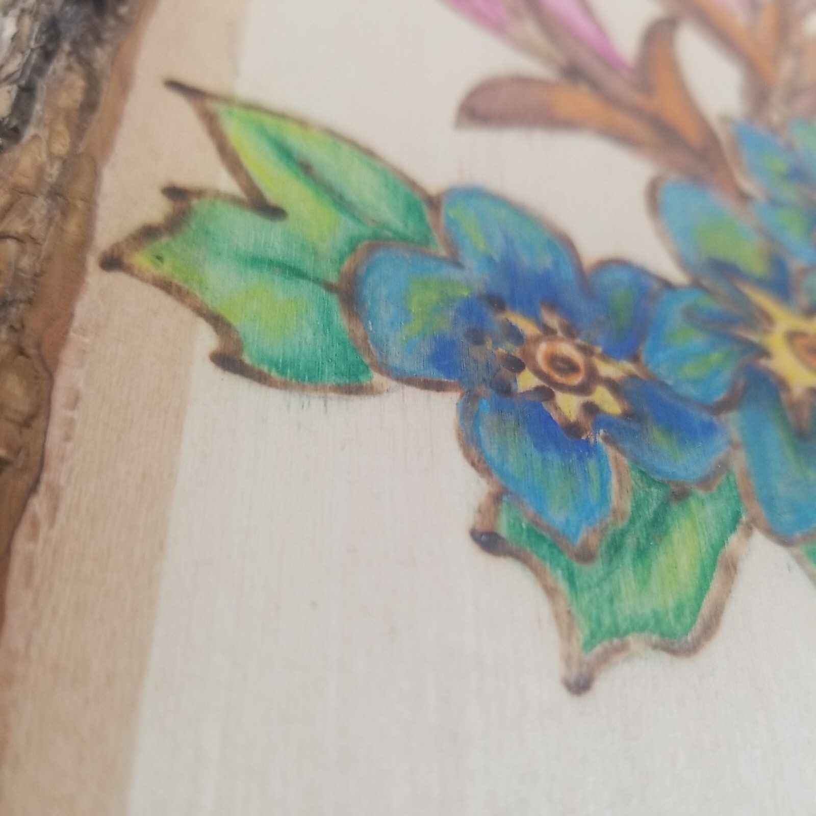 Hummingbirds w/ Pink Flowers on Wood Plank Wood Burning Folk Signed Joi 12″x10″