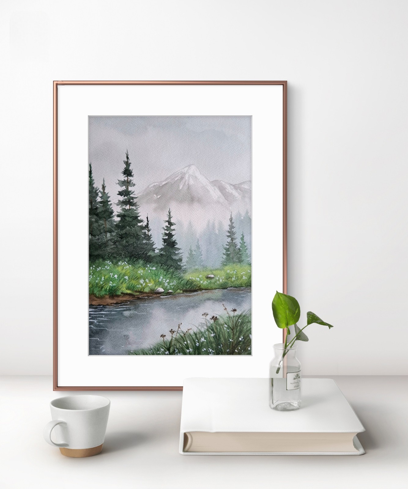 Watercolour Original Mountain Landscape River Flowers Forest Painting Painting Landscape