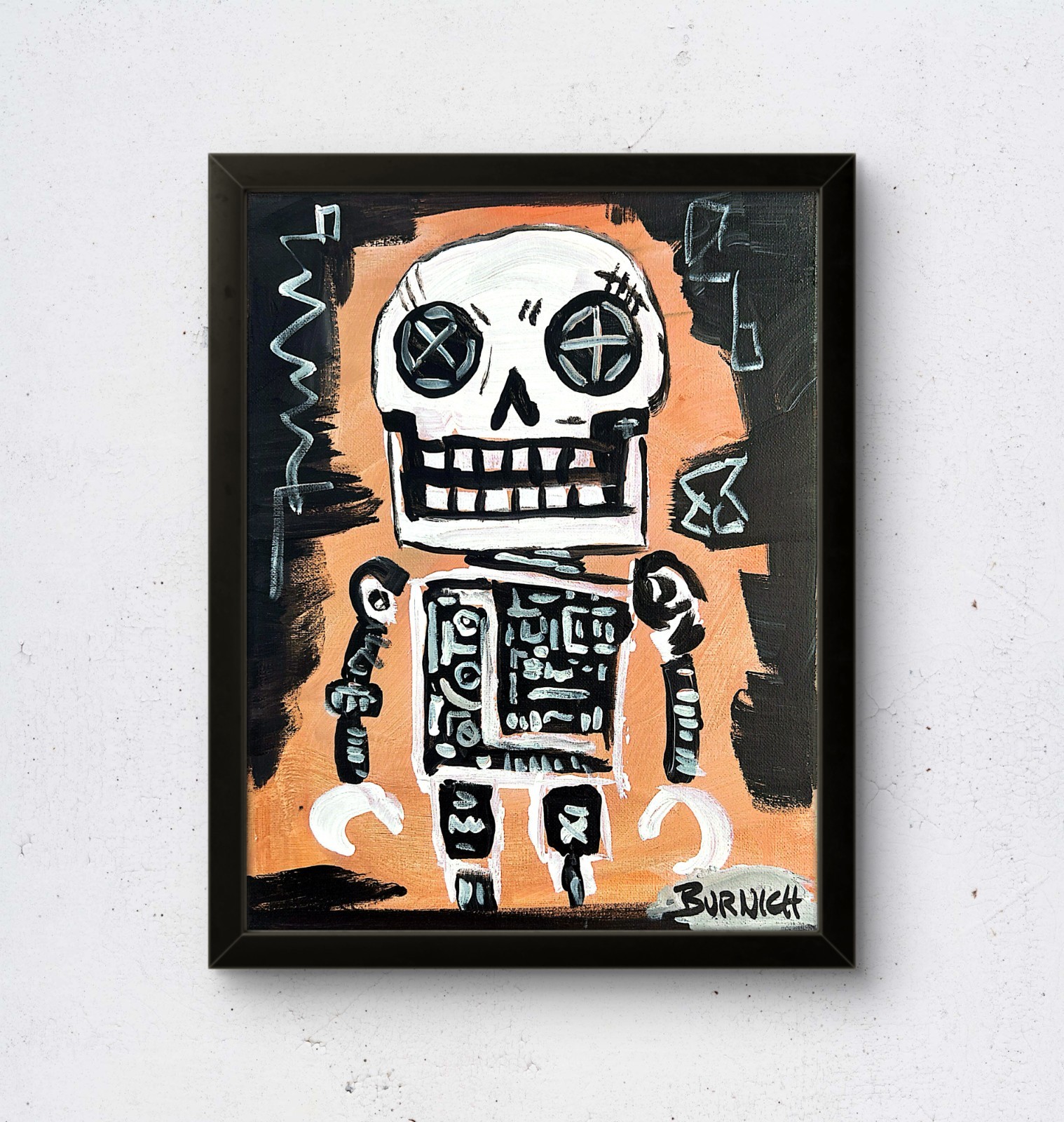 Skeleton Robot Hand Painted 11×14 Canvas Art Acrylic Multicolor Home Decor