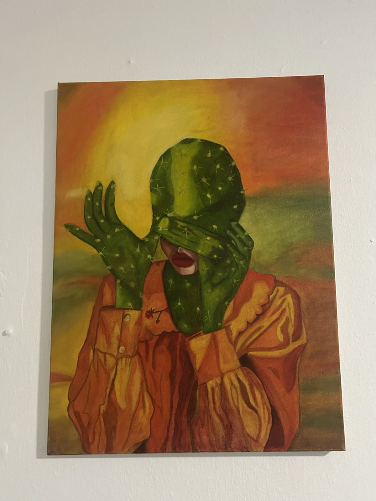 Contemporary Portrait Painting on Canvas Green Mask Figure, Medium Unframed